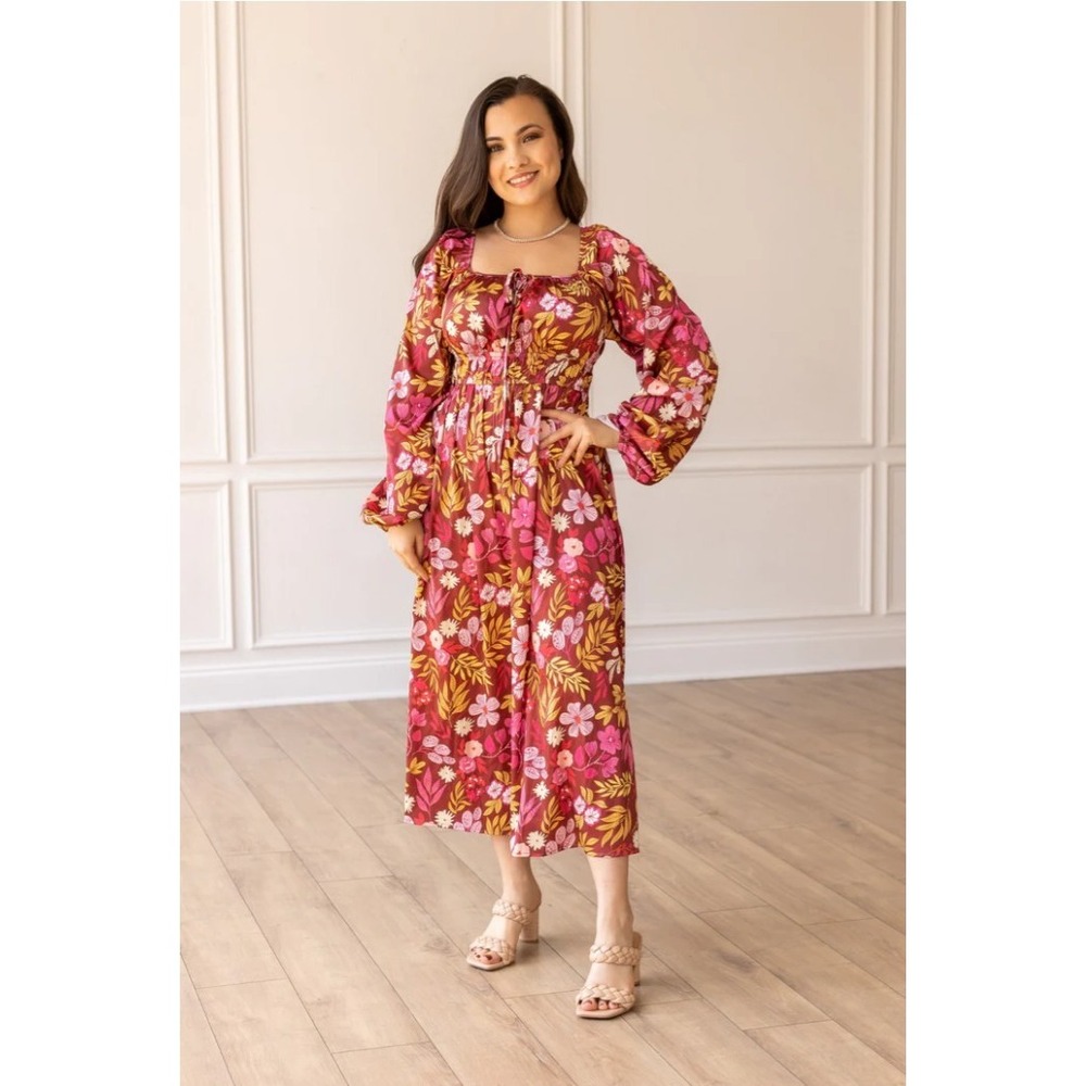 Grace+Emma Floral Maxi Dress Long Sleeve Square Neck Boho Cottagecore M